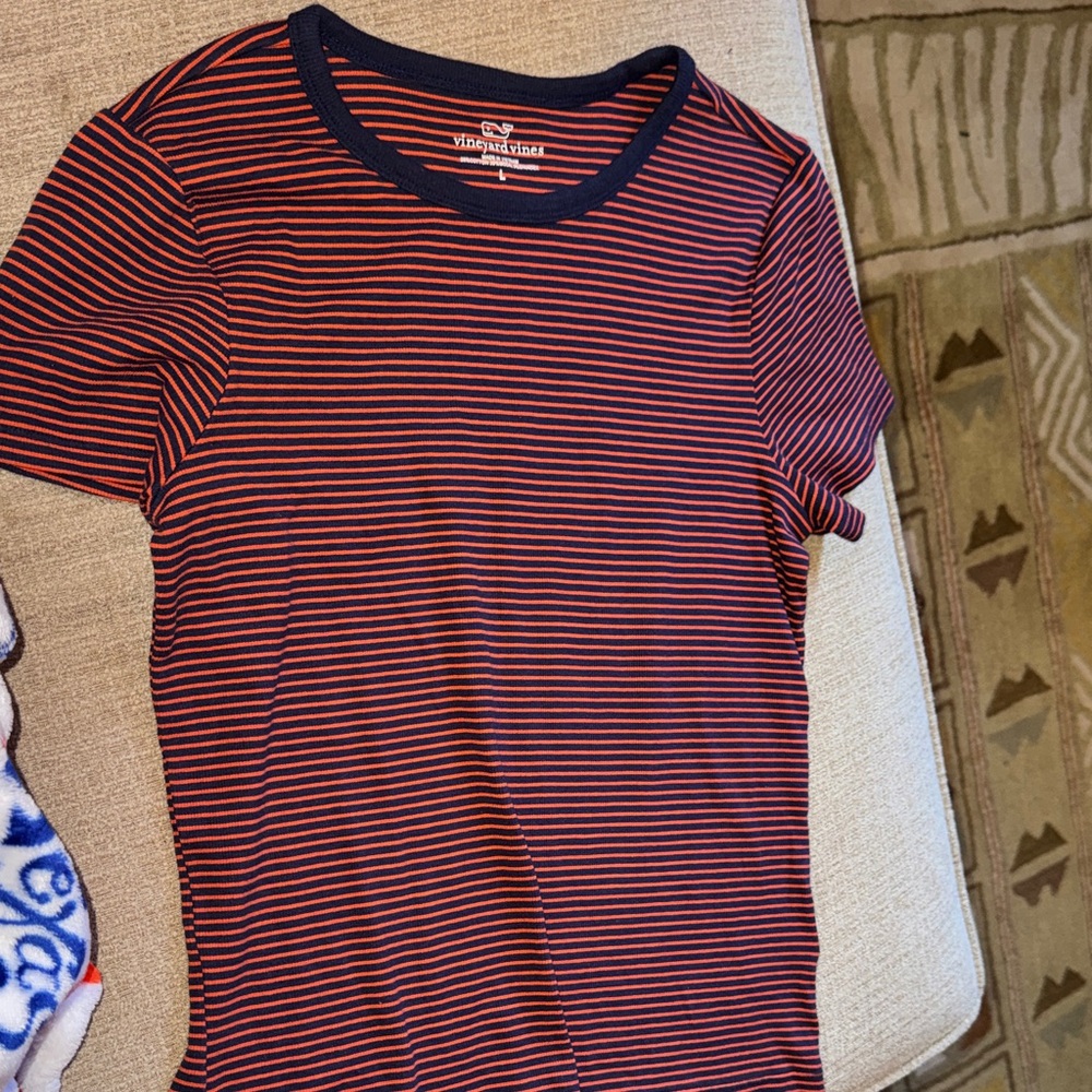 Vineyard Vines Womens Orange and Navy Striped Tee